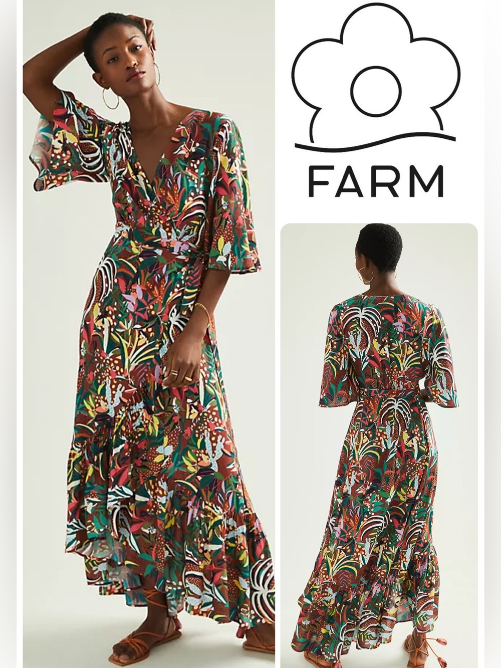FARM Rio Brown Multicolor Botanical Wrap Maxi Dress